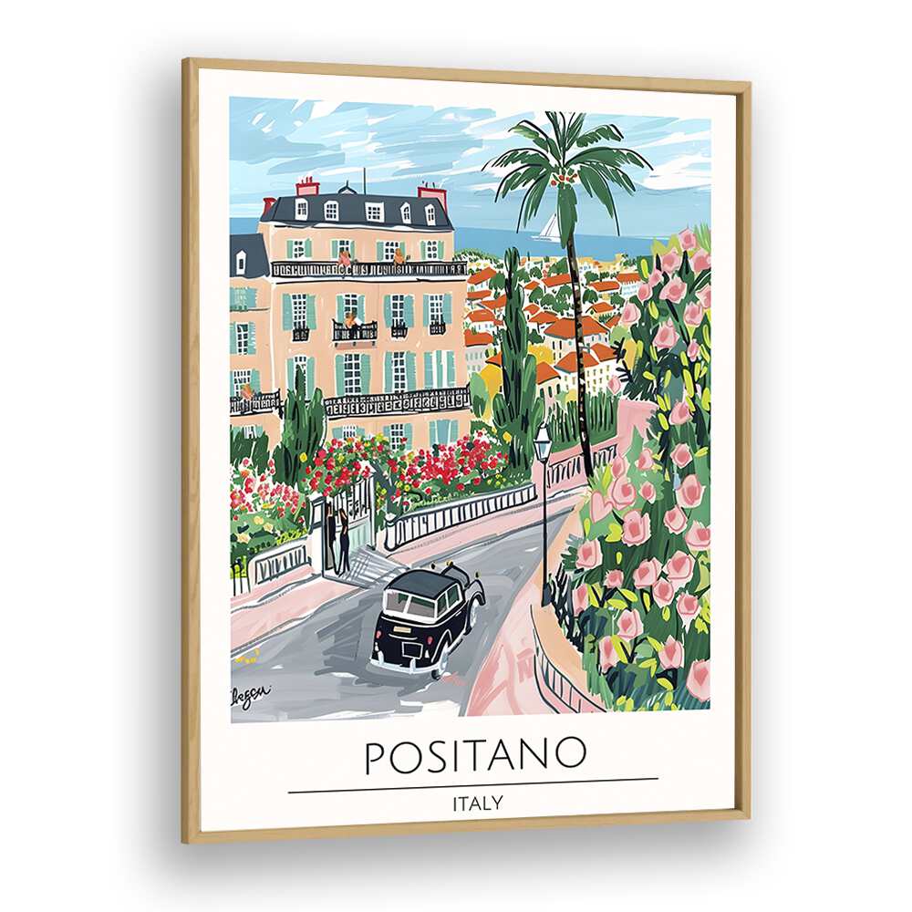 positano-italy travel posters in Oak Wood Plain Frame