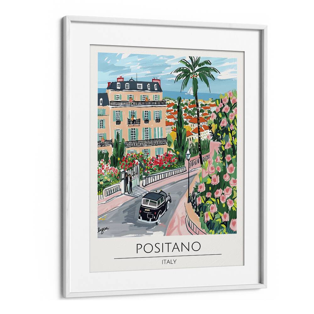 positano-italy travel posters in White Frame With Mount