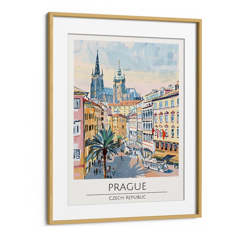 prague-czech republic travel posters in Oak Wood Frame With Mount