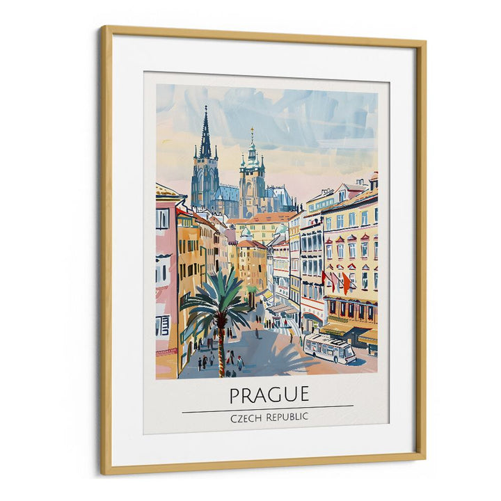 prague-czech republic travel posters in Oak Wood Frame With Mount