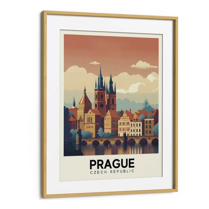 prague travel posters in Oak Wood Frame With Mount