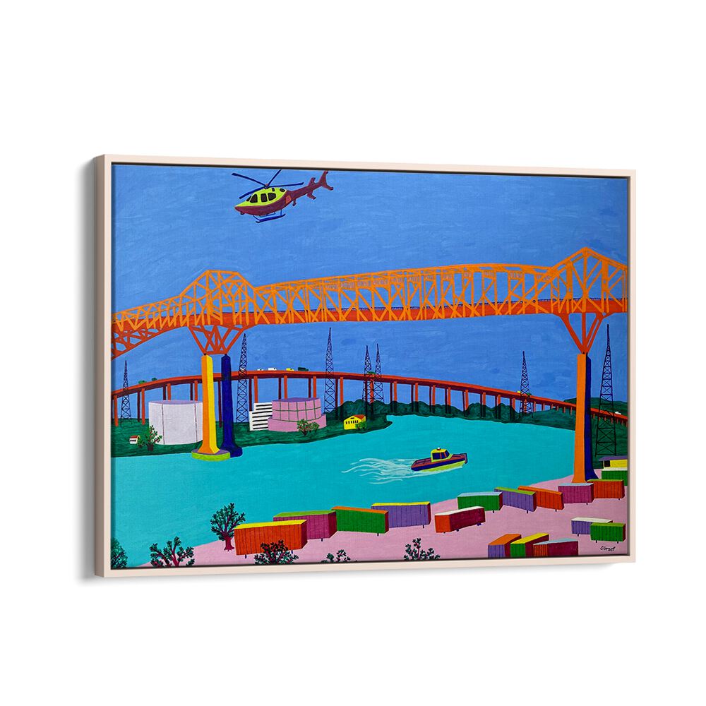 pulaski skyway landscape art prints in Oak Wood Floater Frame