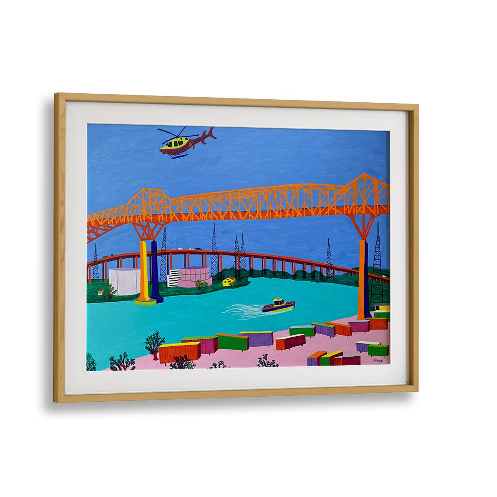 pulaski skyway landscape art prints in Oak Wood Frame With Mount