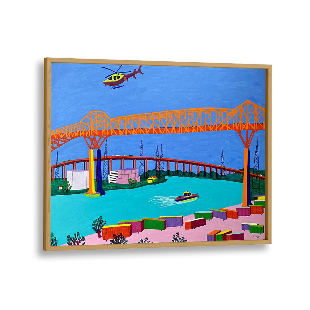 pulaski skyway landscape art prints in Oak Wood Plain Frame
