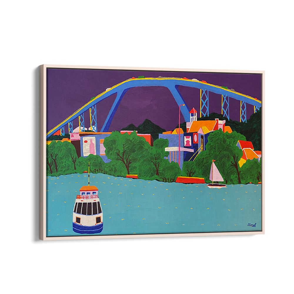 queen juliana bridge landscape art prints in Oak Wood Floater Frame