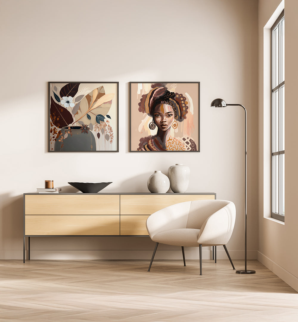 Modern interior with a light wood sideboard, white armchair, and decorative wall art.