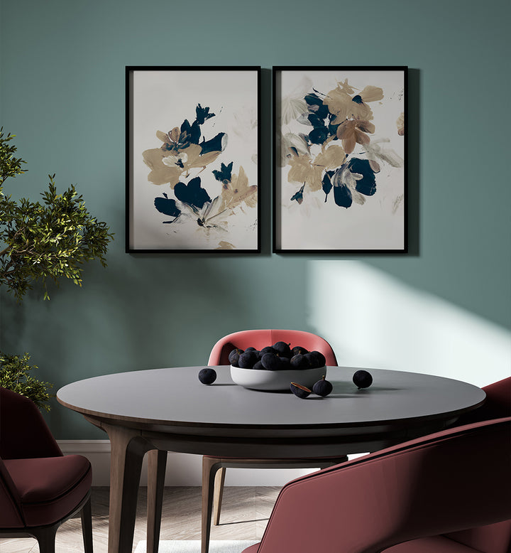 Dining room with round table, chairs, and floral wall art.
