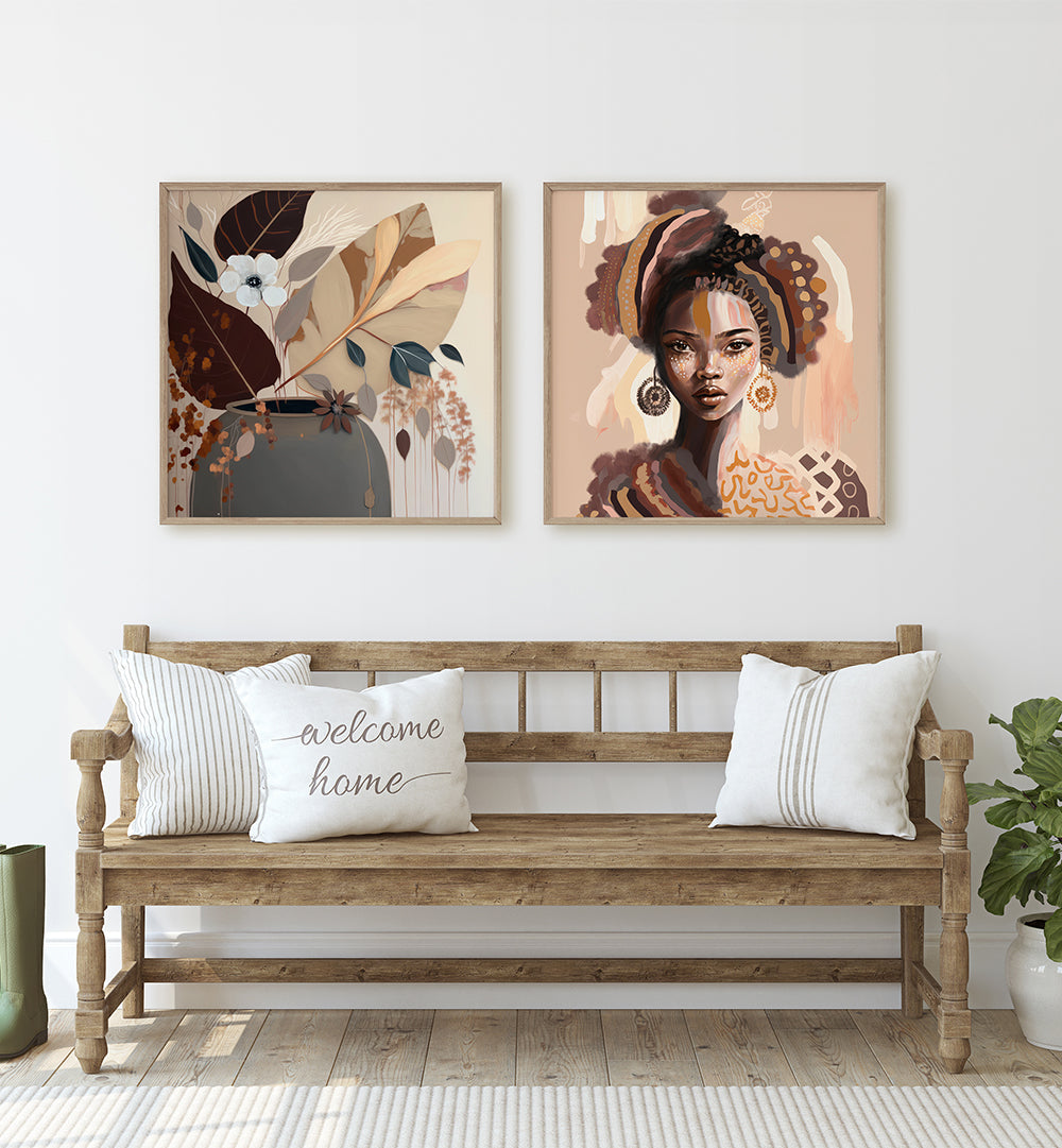 Wooden bench with decorative pillows and framed artwork on a wall.