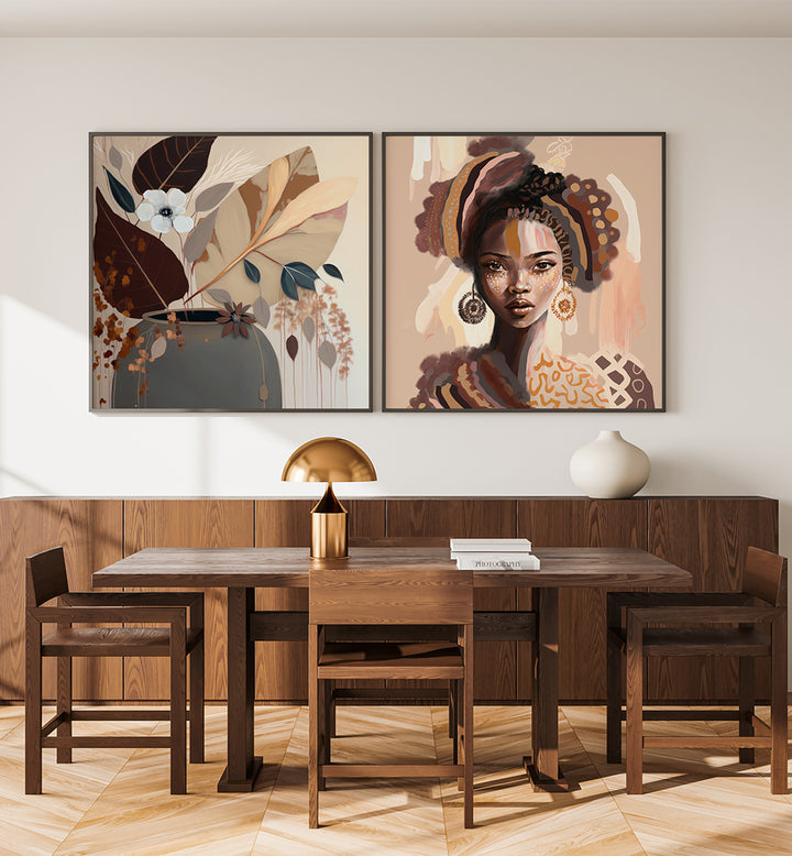 Dining room with wooden table and chairs, wall art, and decorative items.