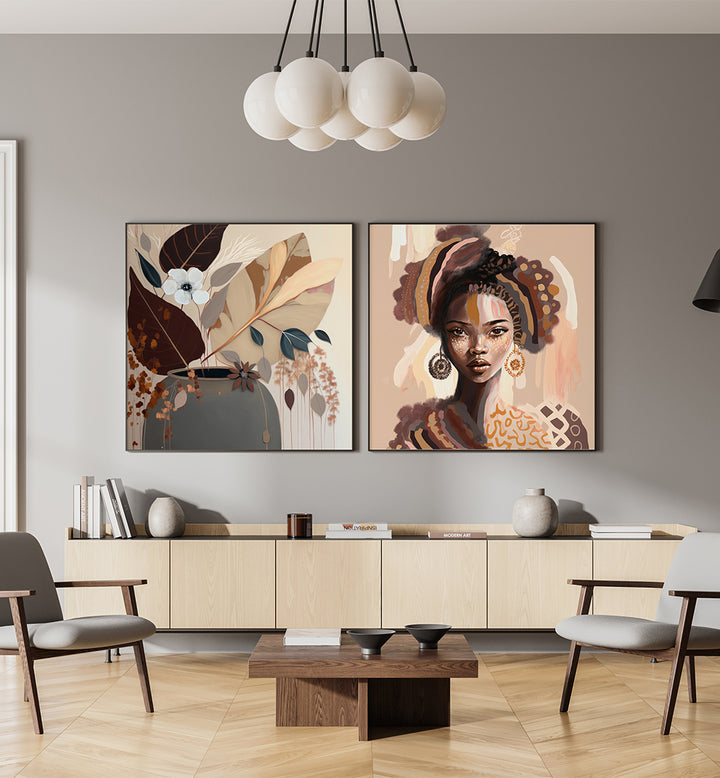 Modern living room with two wall art pieces and a neutral color scheme.