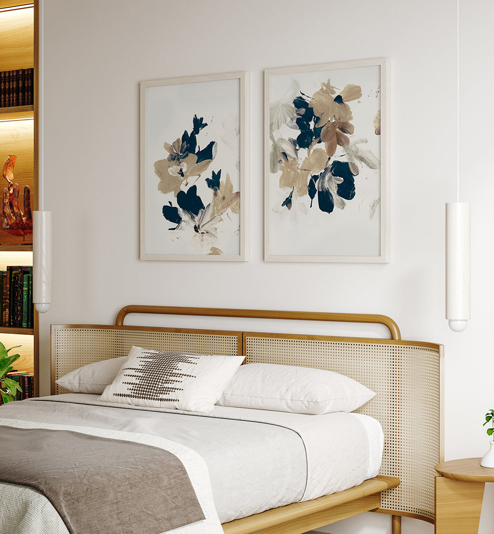 Bedroom with wooden bed frame, white bedding, and floral wall art.