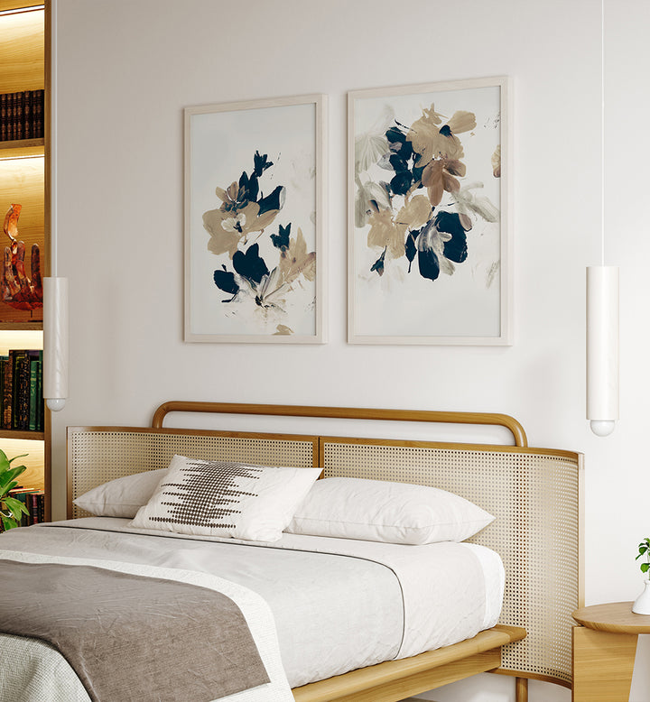 Bedroom with wooden bed frame, white bedding, and floral wall art.