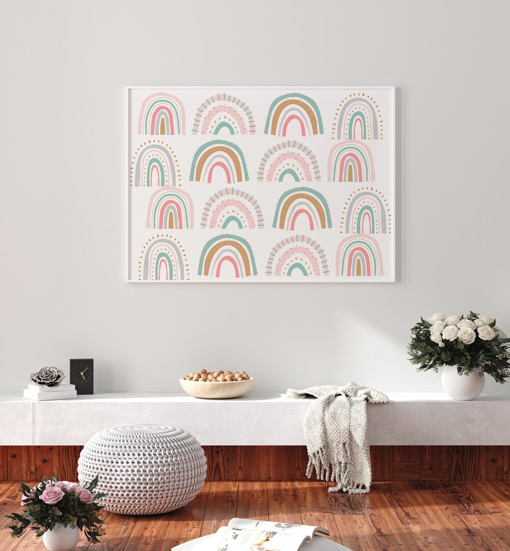 rainbows white by sue skellern kids room paintings kids room wallart Artwork IV placed on a wall