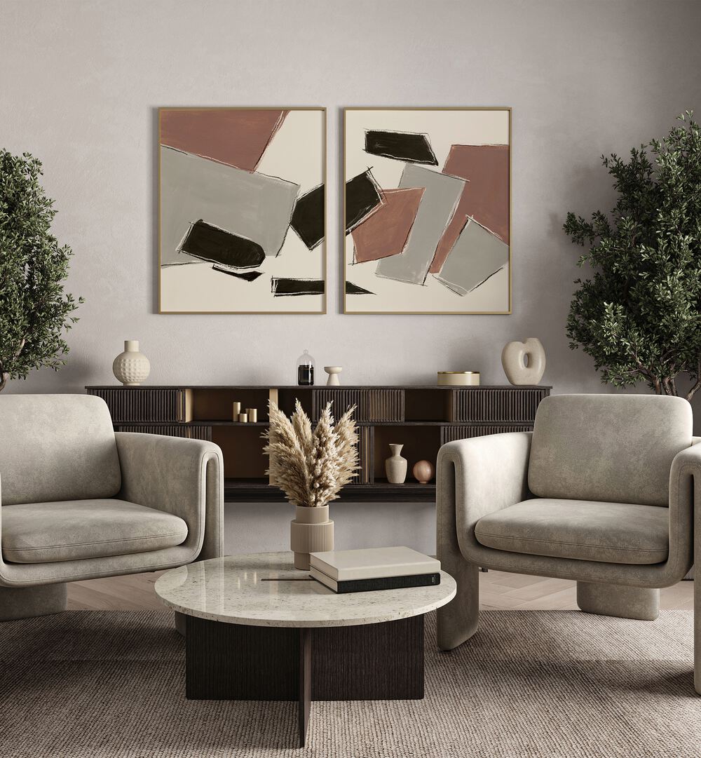 Transform your space with the RAW ABSTRACT SET, SET OF 2 PAINTINGS in elegant neutral tones and striking black accents.