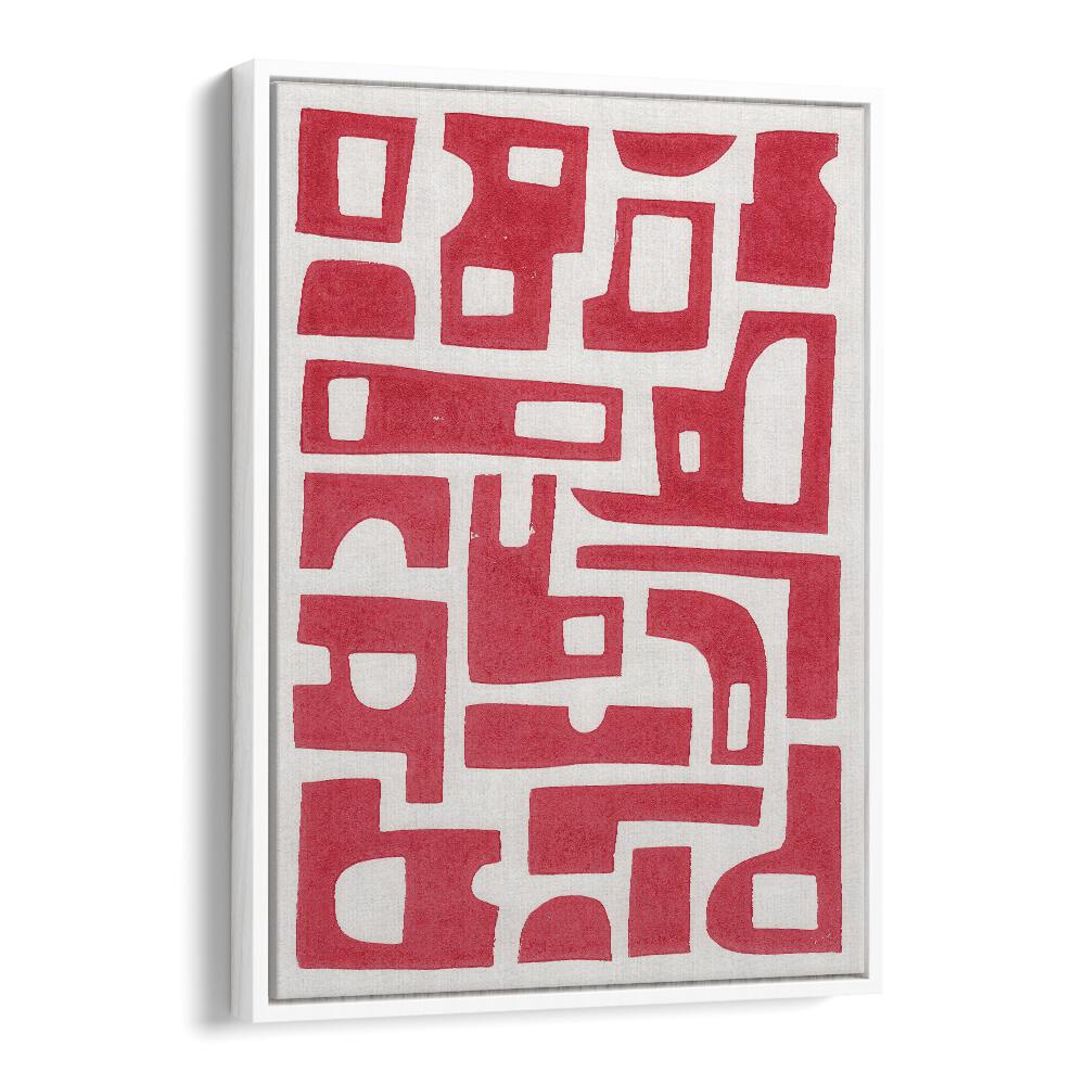 red abstract shapes lino print by alisa galitsyna botanical art prints in White Floater Frame