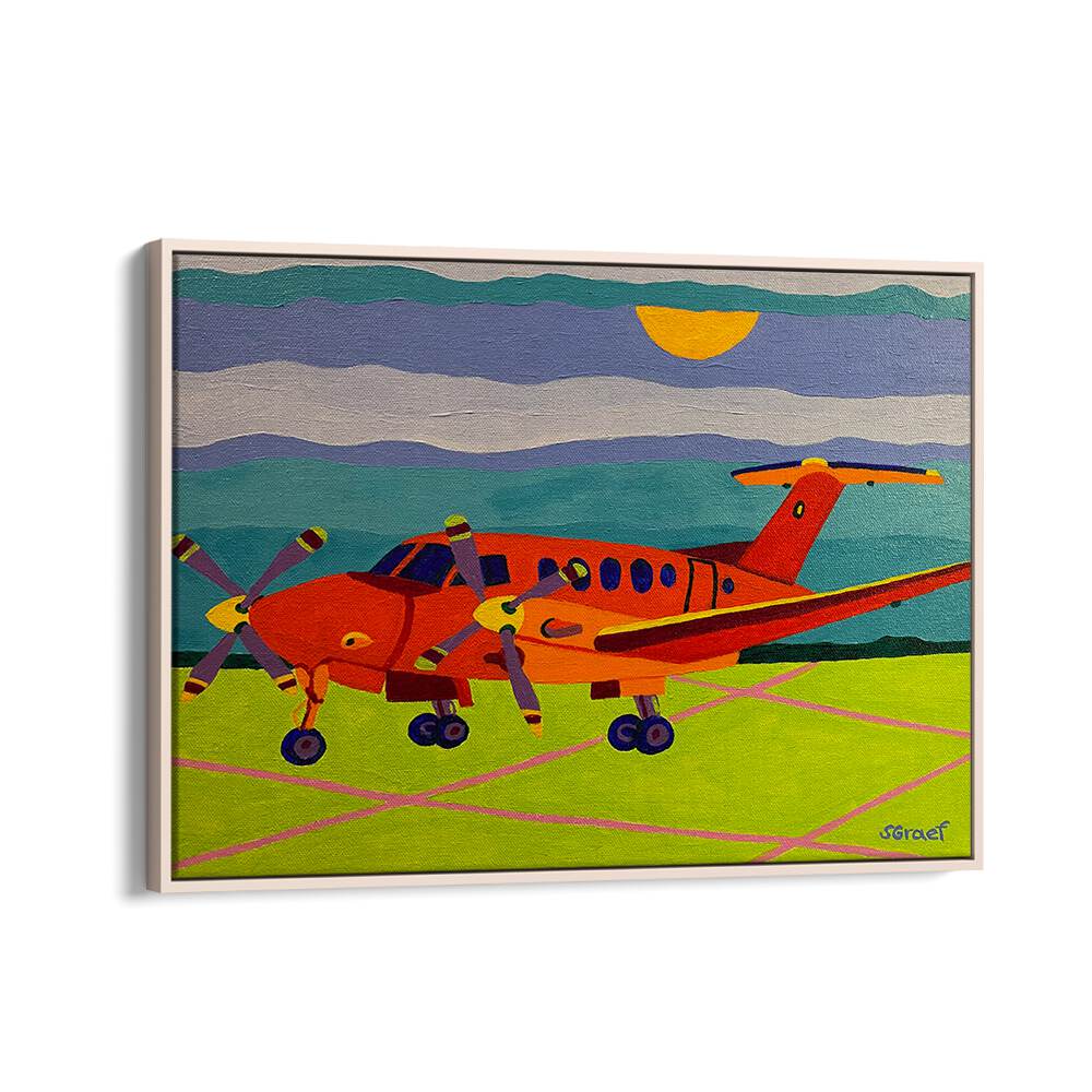 red airplane landscape art prints in Oak Wood Floater Frame