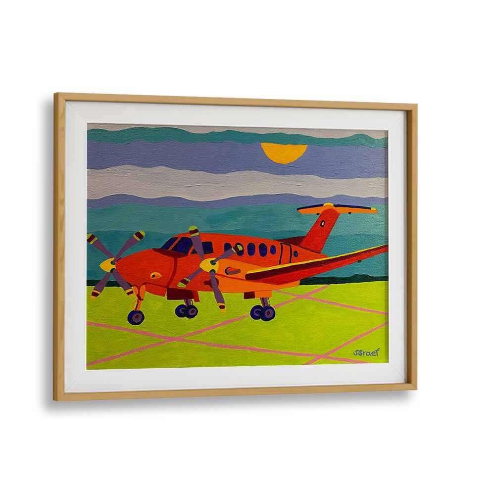 red airplane landscape art prints in Oak Wood Frame With Mount
