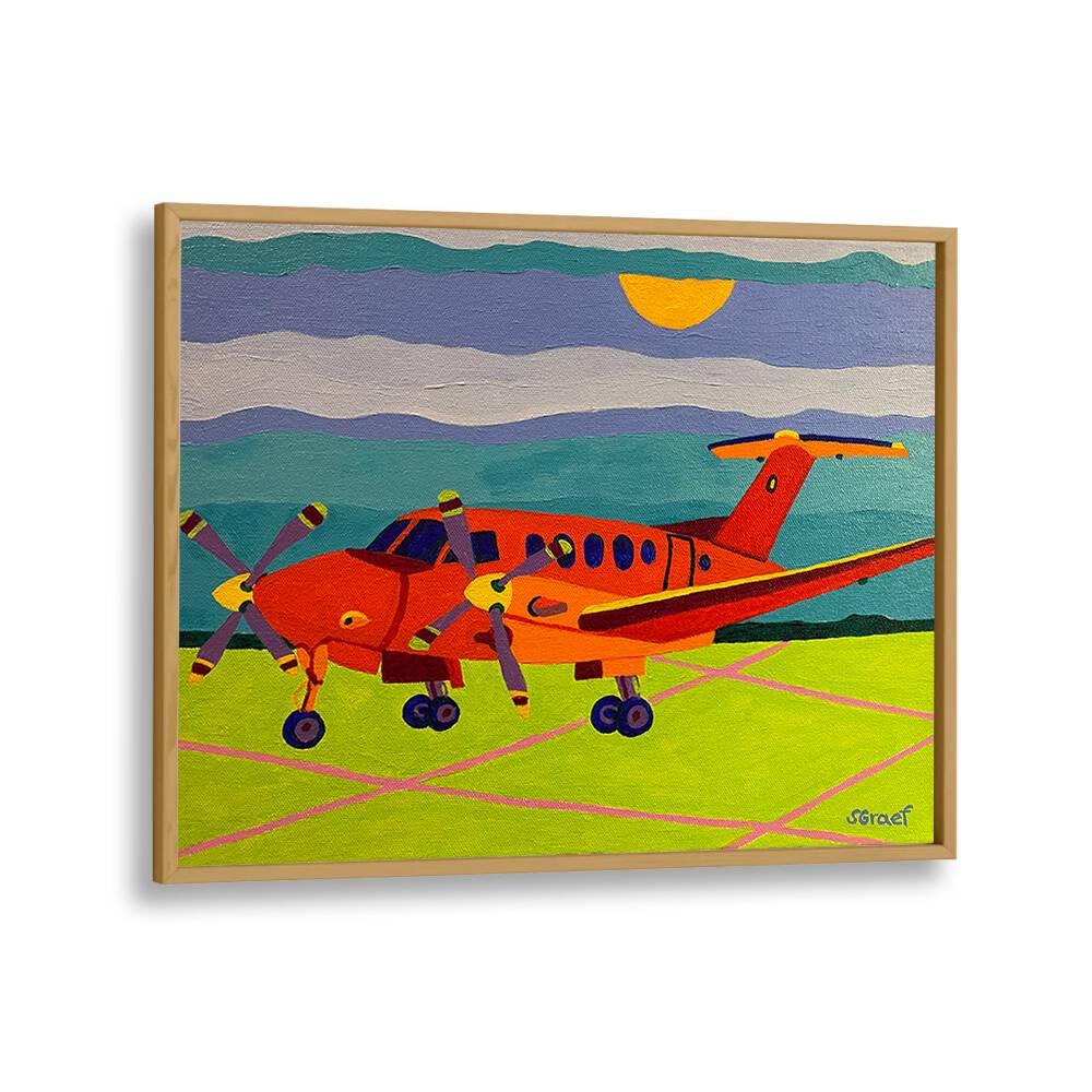 red airplane landscape art prints in Oak Wood Plain Frame