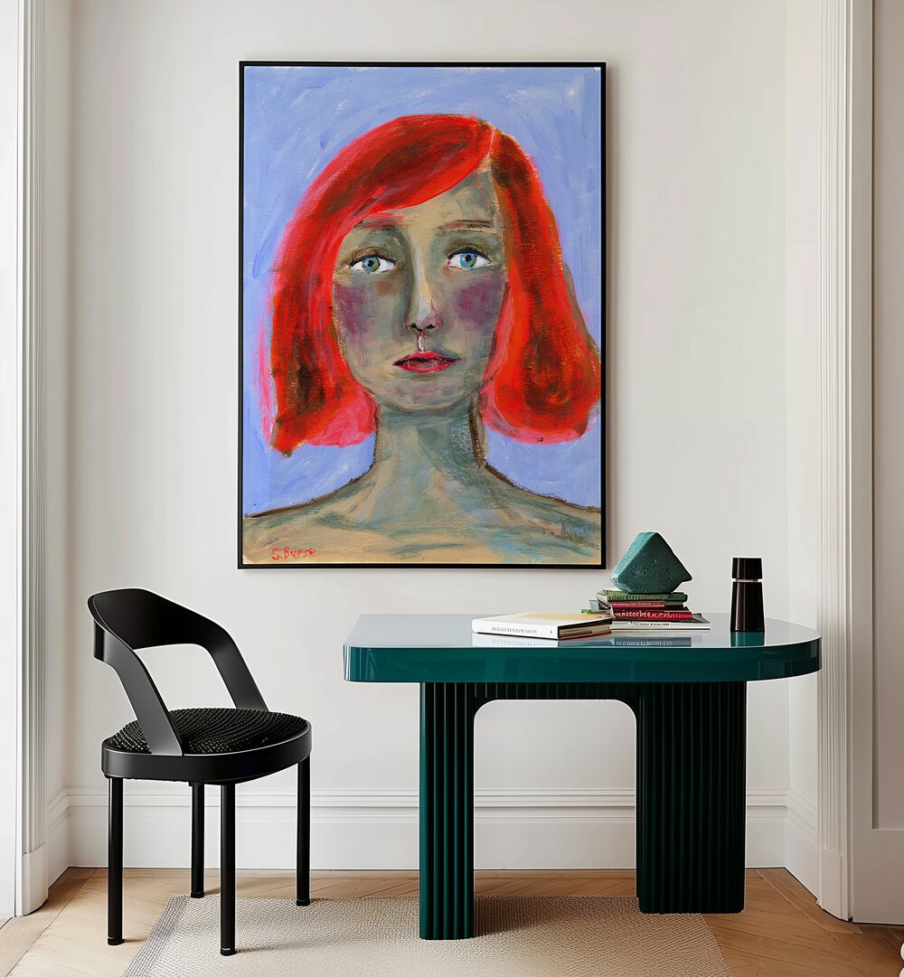 red head woman women illustration paintings Artwork I placed on a wall