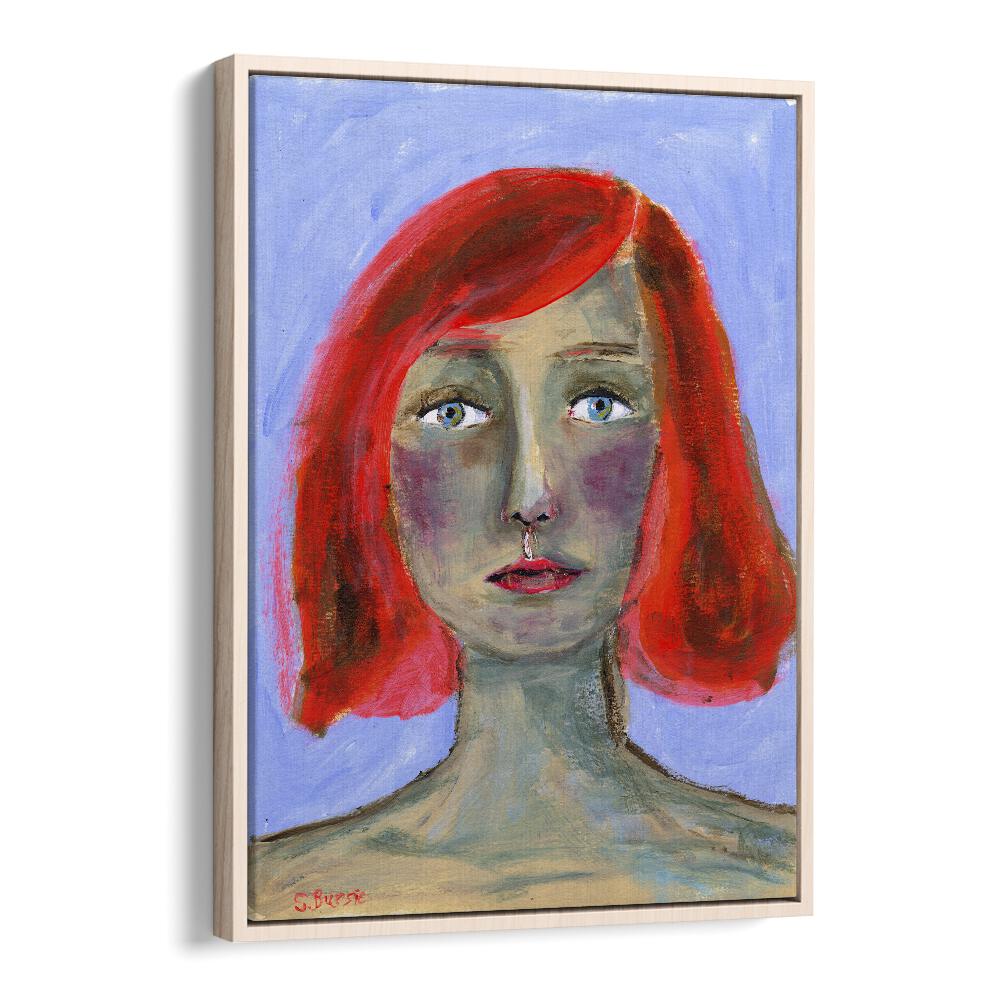 red head woman women illustration paintings in Oak Wood Floater Frame