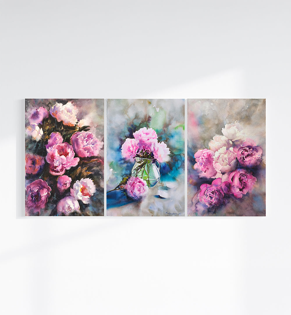 BUNCH OF PEONIES   , HANDMADE ARTWORKS , SET OF 3 PAINTINGS