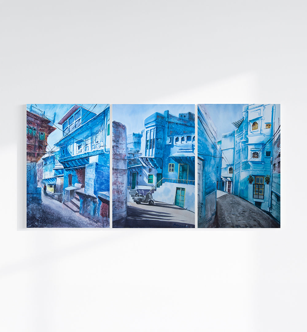 JODHPUR BLUES   , HANDMADE ARTWORKS , SET OF 3 PAINTINGS