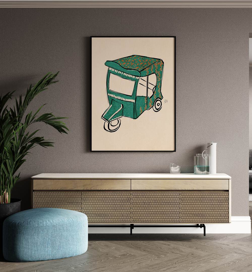 rickshaw tuk tuk car poster Artwork I above a Wooden Cabinet