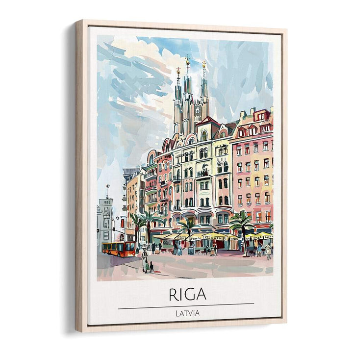 riga-latvia travel posters in Oak Wood Floater Frame