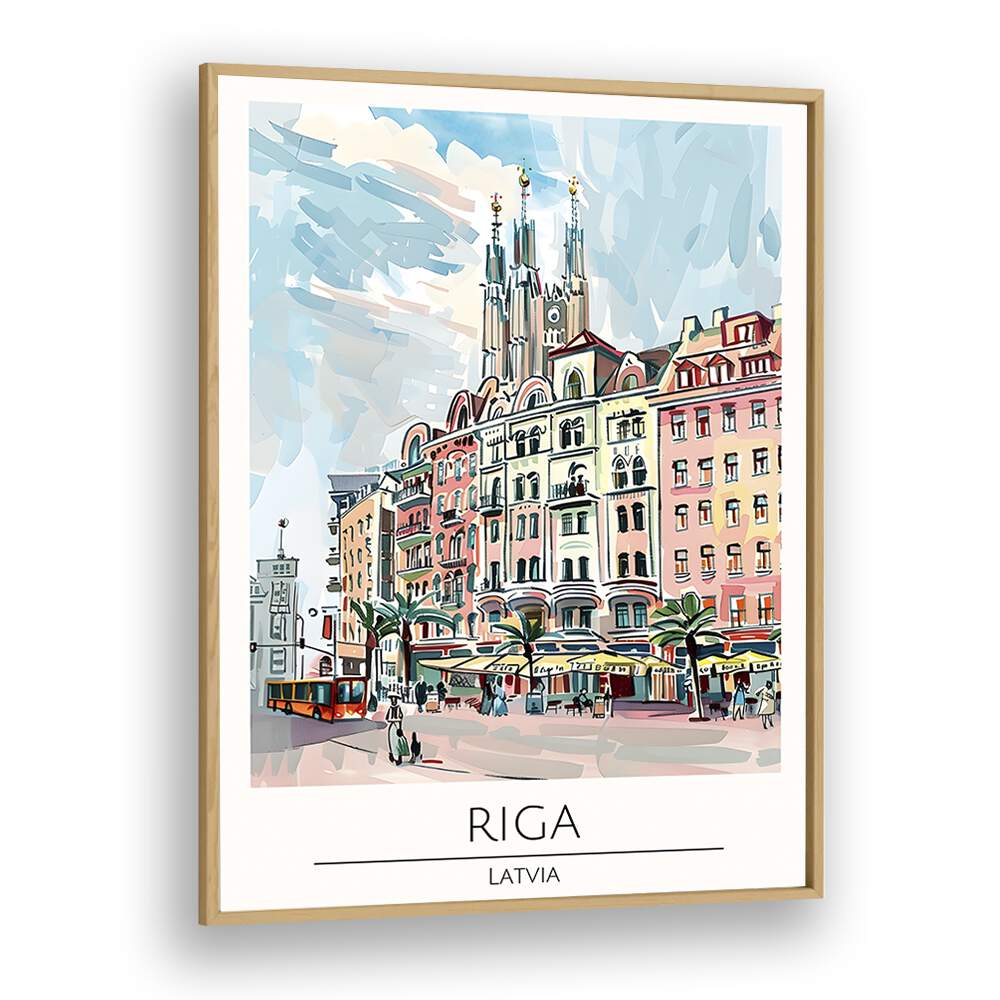 riga-latvia travel posters in Oak Wood Plain Frame