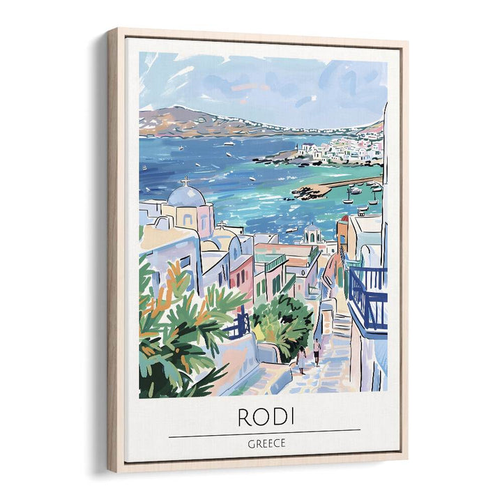 rodi-greece travel posters in Oak Wood Floater Frame