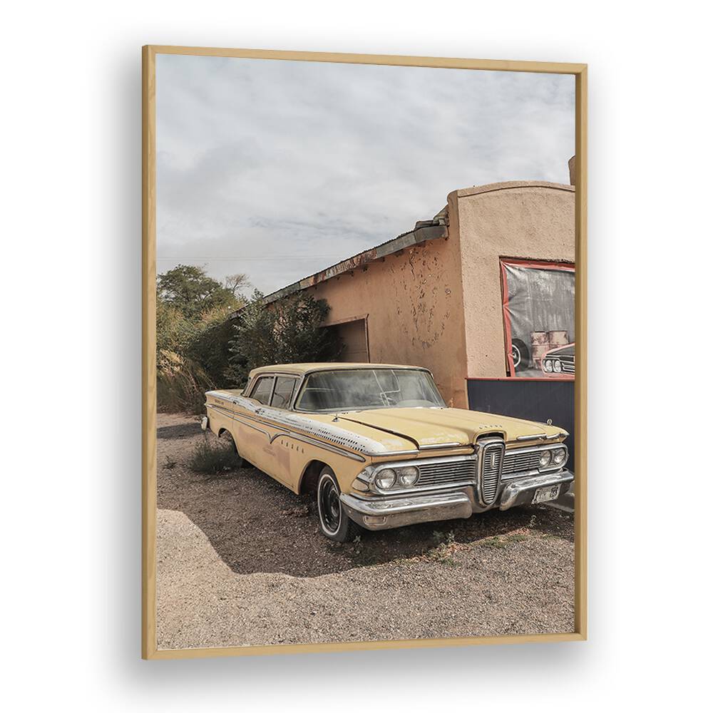 route 66 oldtimer car poster in Oak Wood Plain Frame