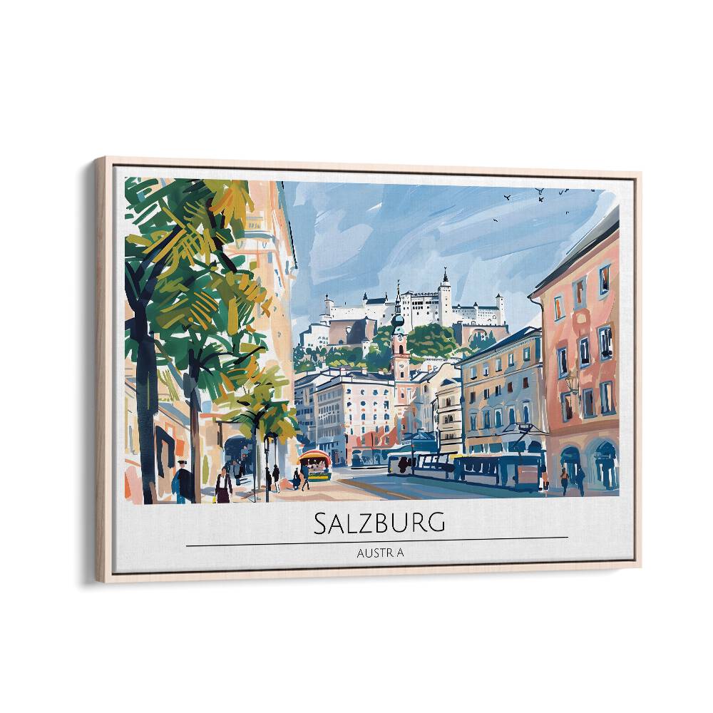 salzburg city-austria travel posters in Oak Wood Floater Frame