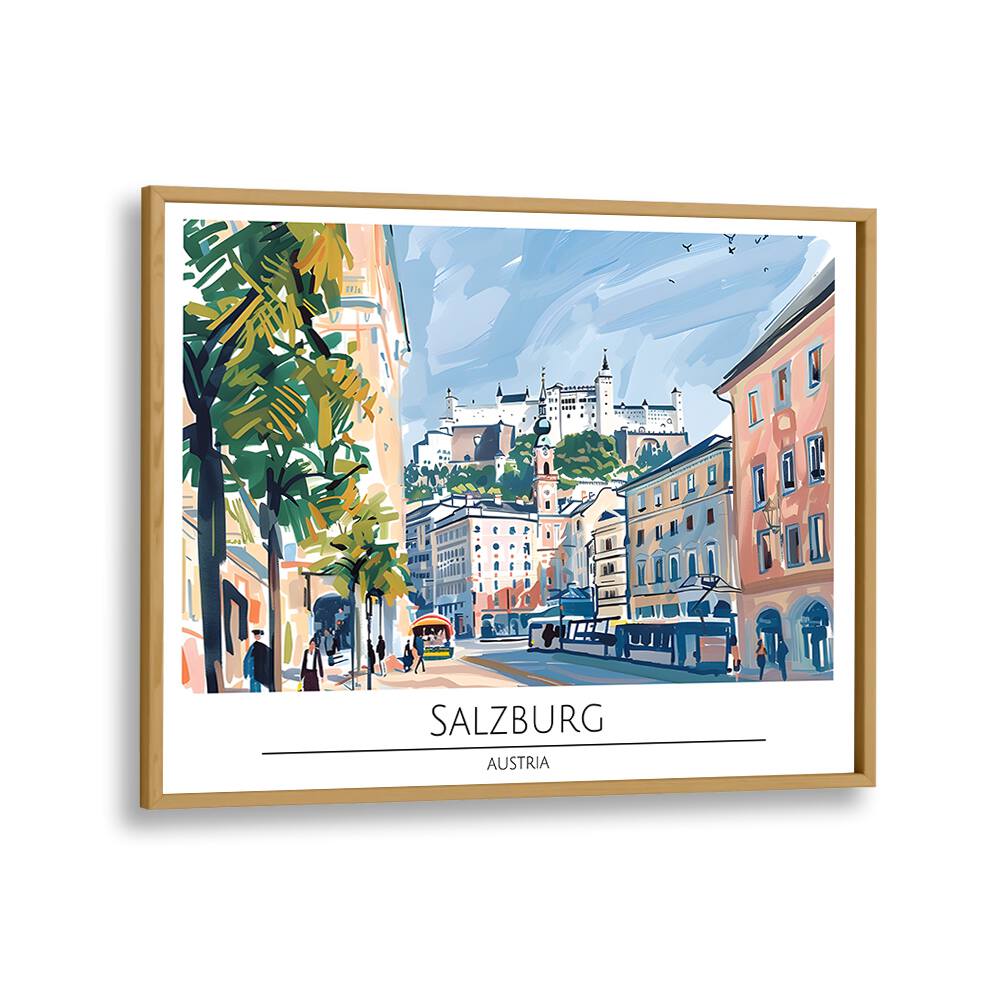 salzburg city-austria travel posters in Oak Wood Plain Frame