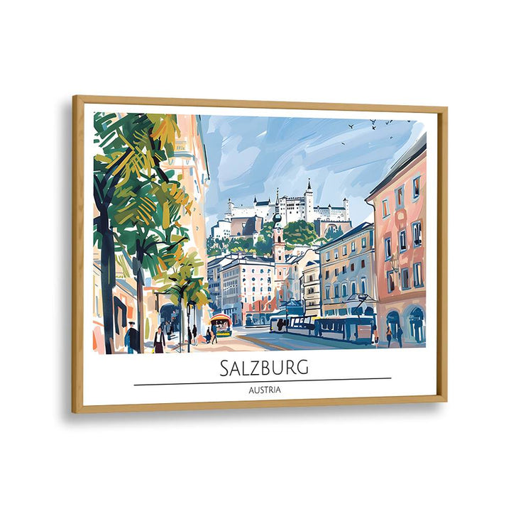 salzburg city-austria travel posters in Oak Wood Plain Frame