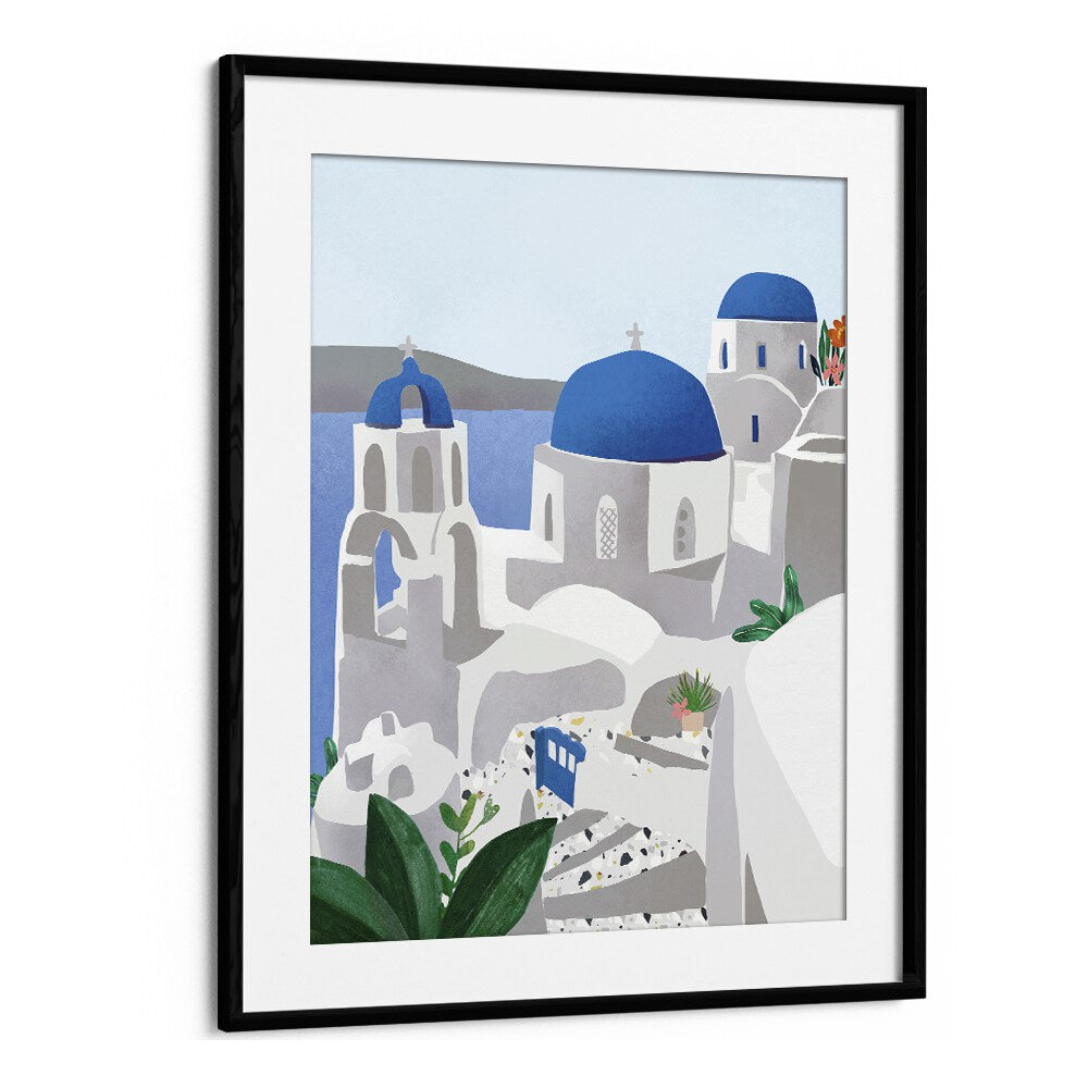 santorini island by petra lidze travel posters in Black Frame With Mount