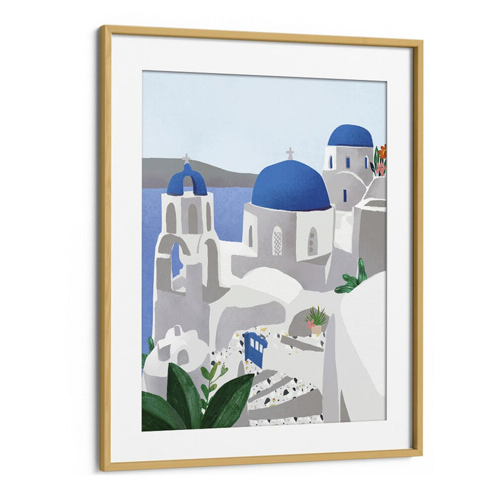 santorini island by petra lidze travel posters in Oak Wood Frame With Mount