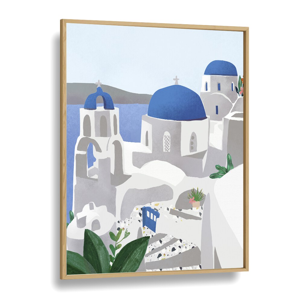 santorini island by petra lidze travel posters in Oak Wood Plain Frame