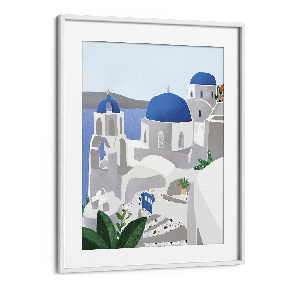 santorini island by petra lidze travel posters in White Frame With Mount