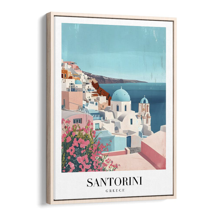 santorini island-greece travel posters in Oak Wood Floater Frame