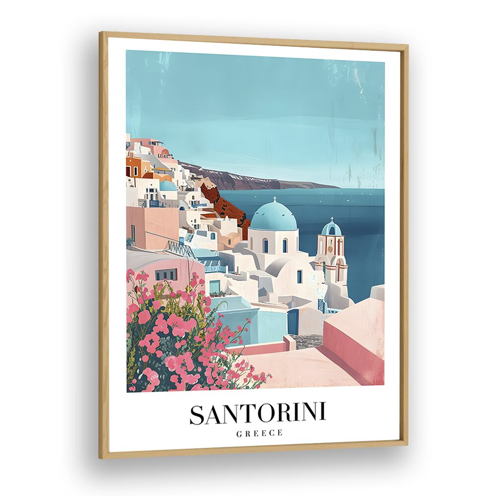 santorini island-greece travel posters in Oak Wood Plain Frame