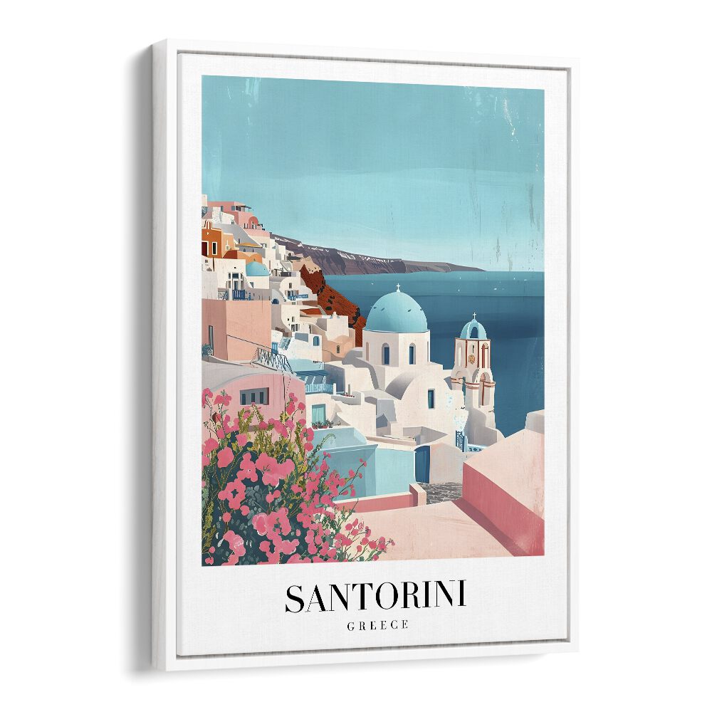 santorini island-greece travel posters in White Floater Frame