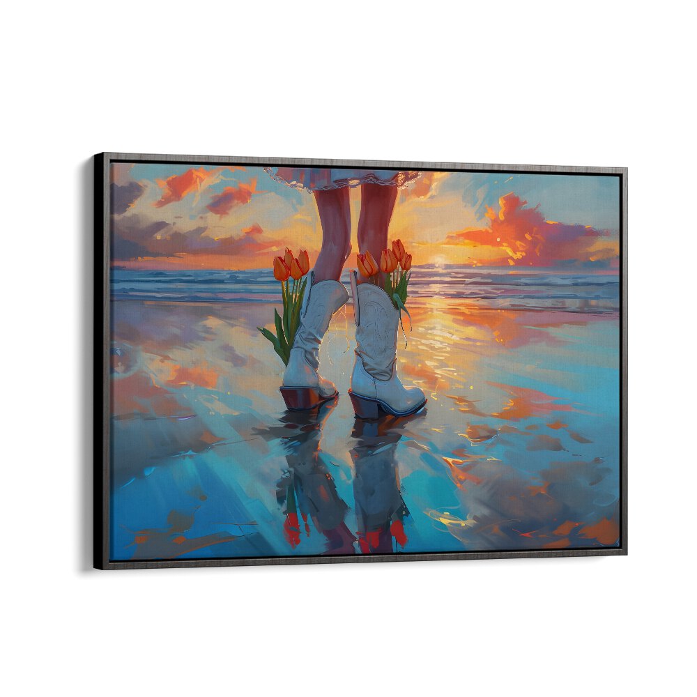 seaside blooms in boots electric wall art prints in Black Floater Frame