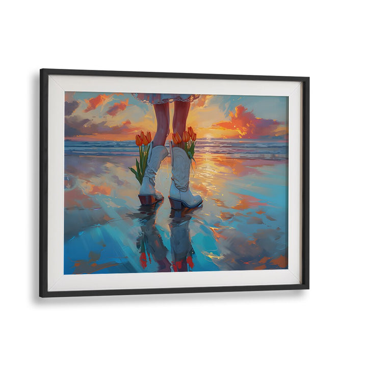 seaside blooms in boots electric wall art prints in Black Frame With Mount