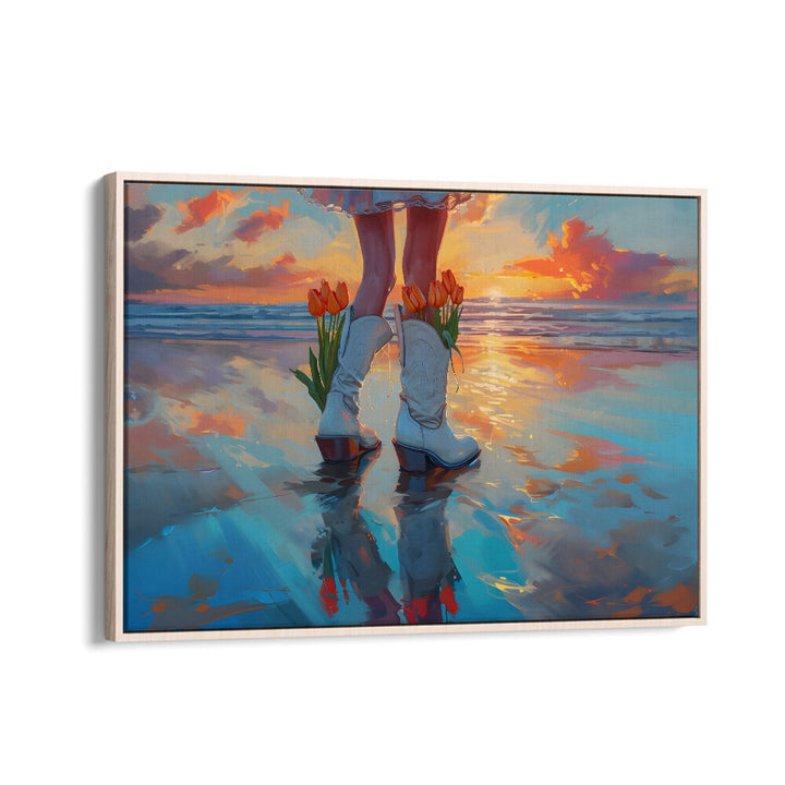 seaside blooms in boots electric wall art prints in Oak Wood Floater Frame