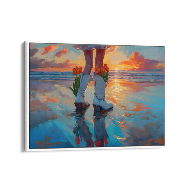 seaside blooms in boots electric wall art prints in White Floater Frame