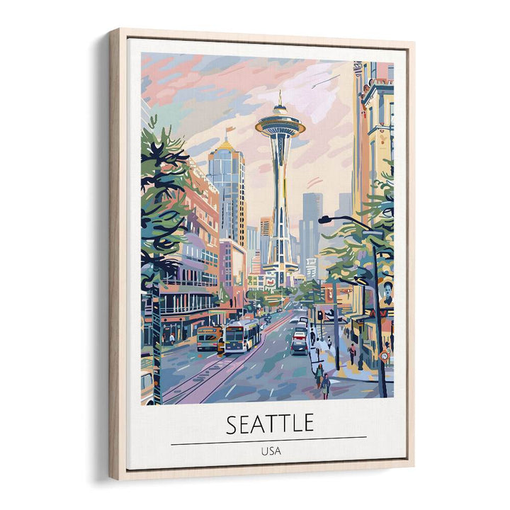 seattle-usa travel posters in Oak Wood Floater Frame