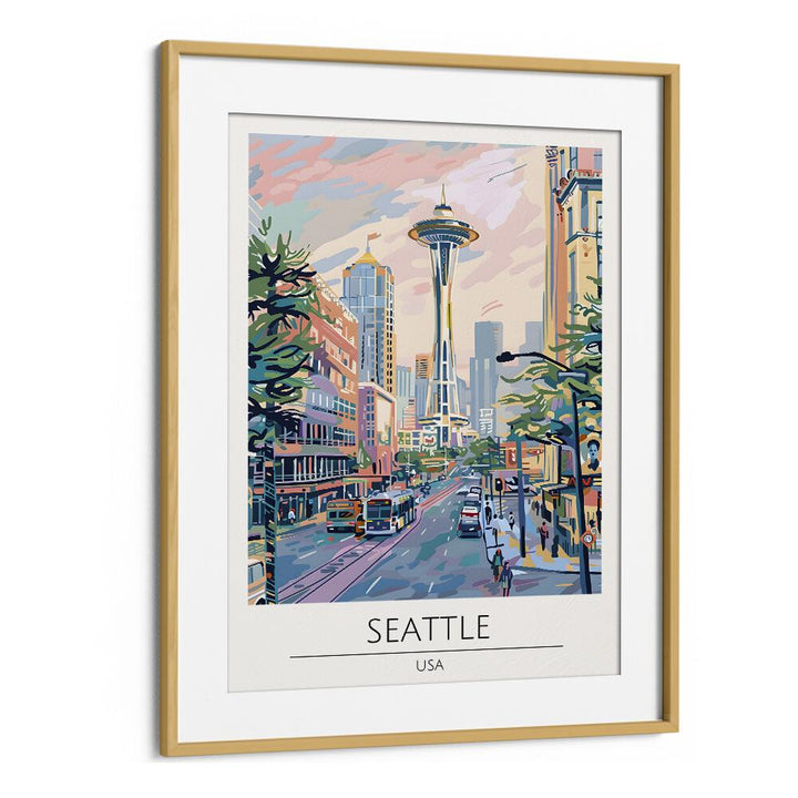 seattle-usa travel posters in Oak Wood Frame With Mount