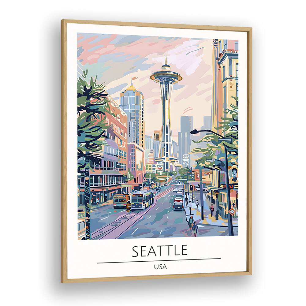 seattle-usa travel posters in Oak Wood Plain Frame