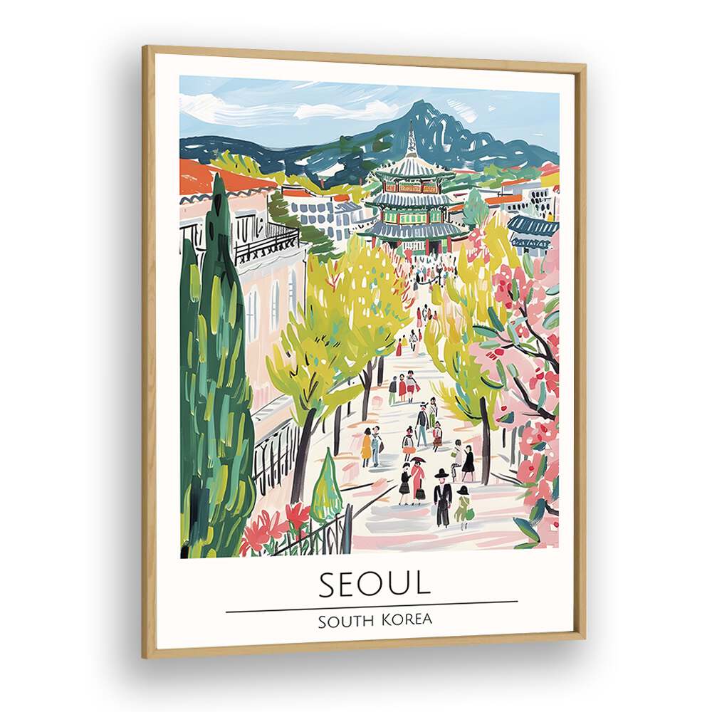 seoul-south korea travel posters in Oak Wood Plain Frame