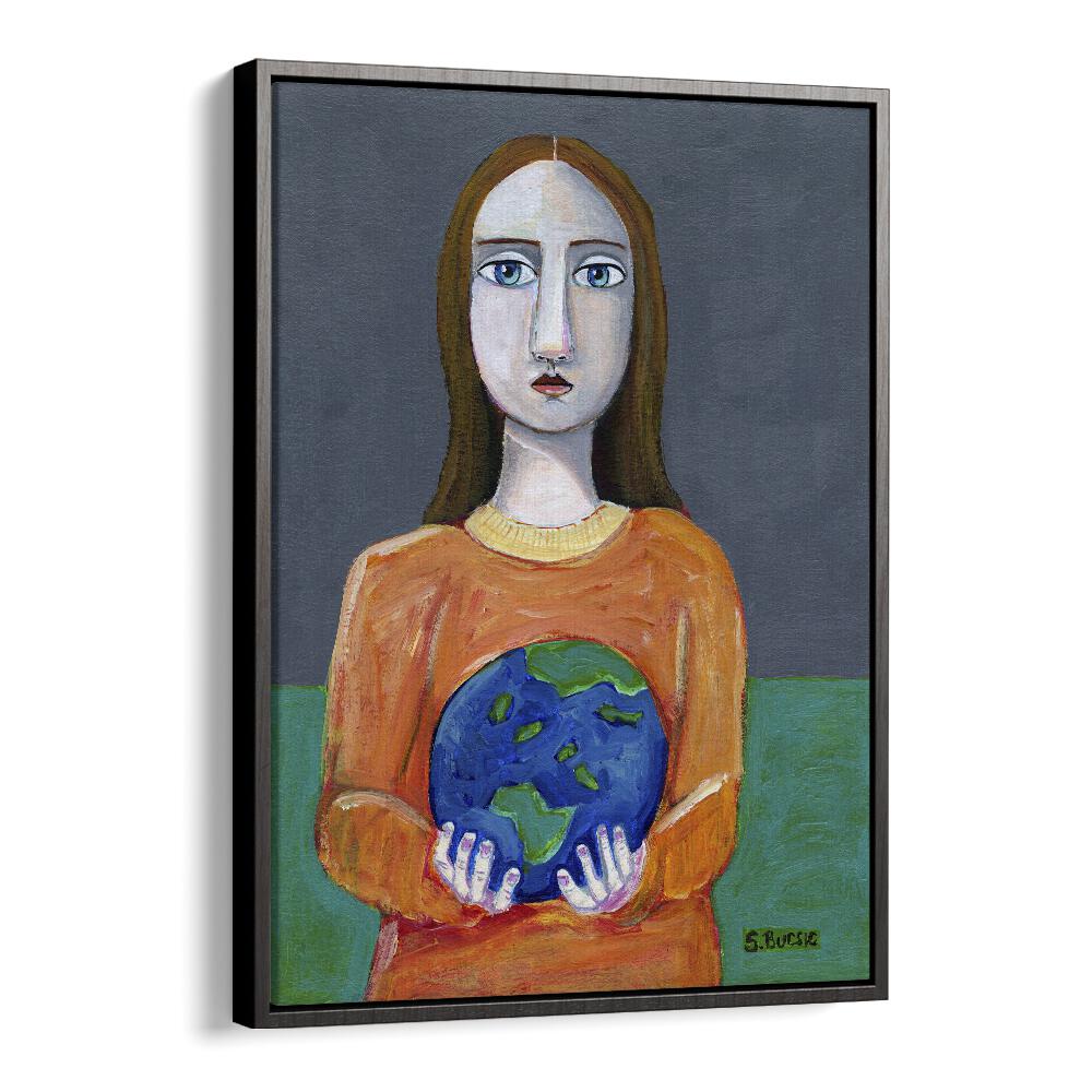 she had the world in her hands women illustration paintings in Black Floater Frame